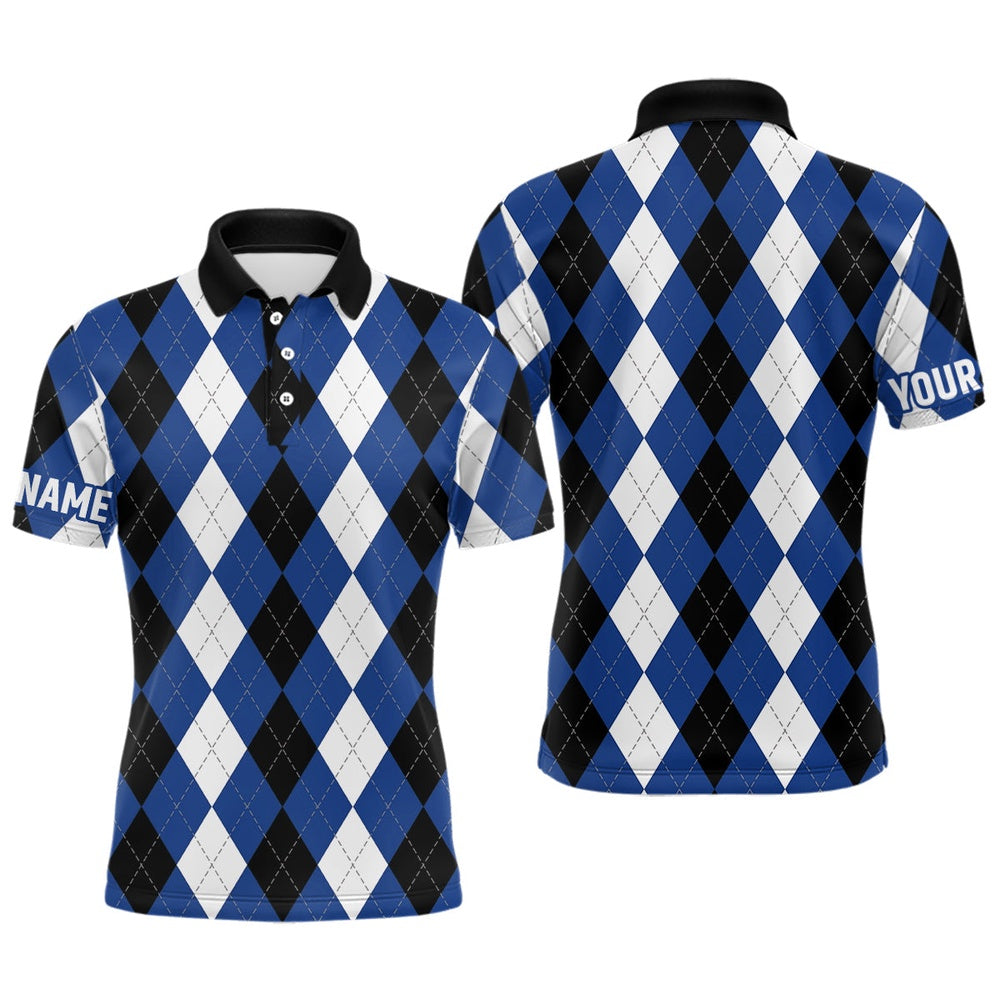 Golf Polo shirts, Mens Golf Polo Shirts Custom Blue Argyle Plaid Pattern Golf Attire For Men