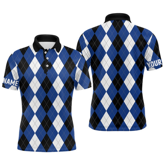 Golf Polo shirts, Mens Golf Polo Shirts Custom Blue Argyle Plaid Pattern Golf Attire For Men