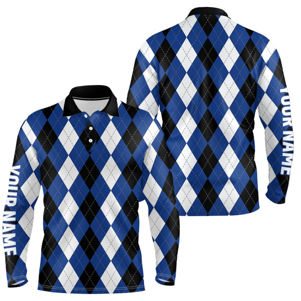 Golf Polo shirts, Mens Golf Polo Shirts Custom Blue Argyle Plaid Pattern Golf Attire For Men