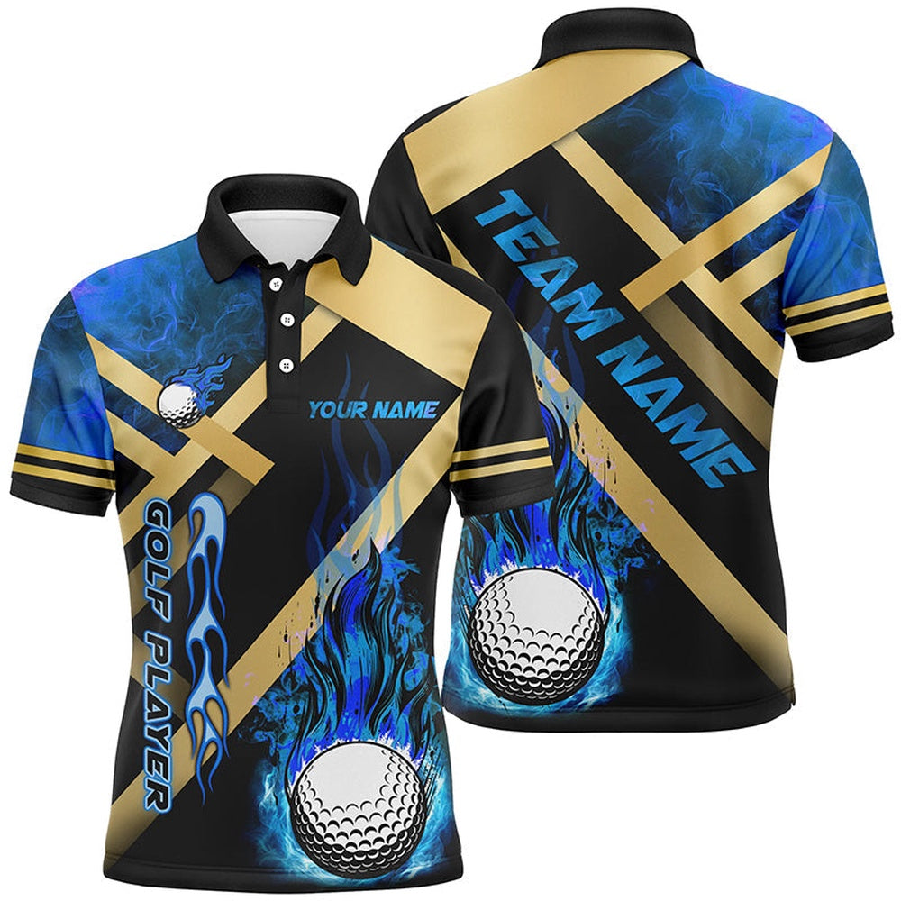 Golf Polo shirts, Mens Golf Polo Shirts Custom Blue Flame Golf Ball Fire Golf Apparel For Men
