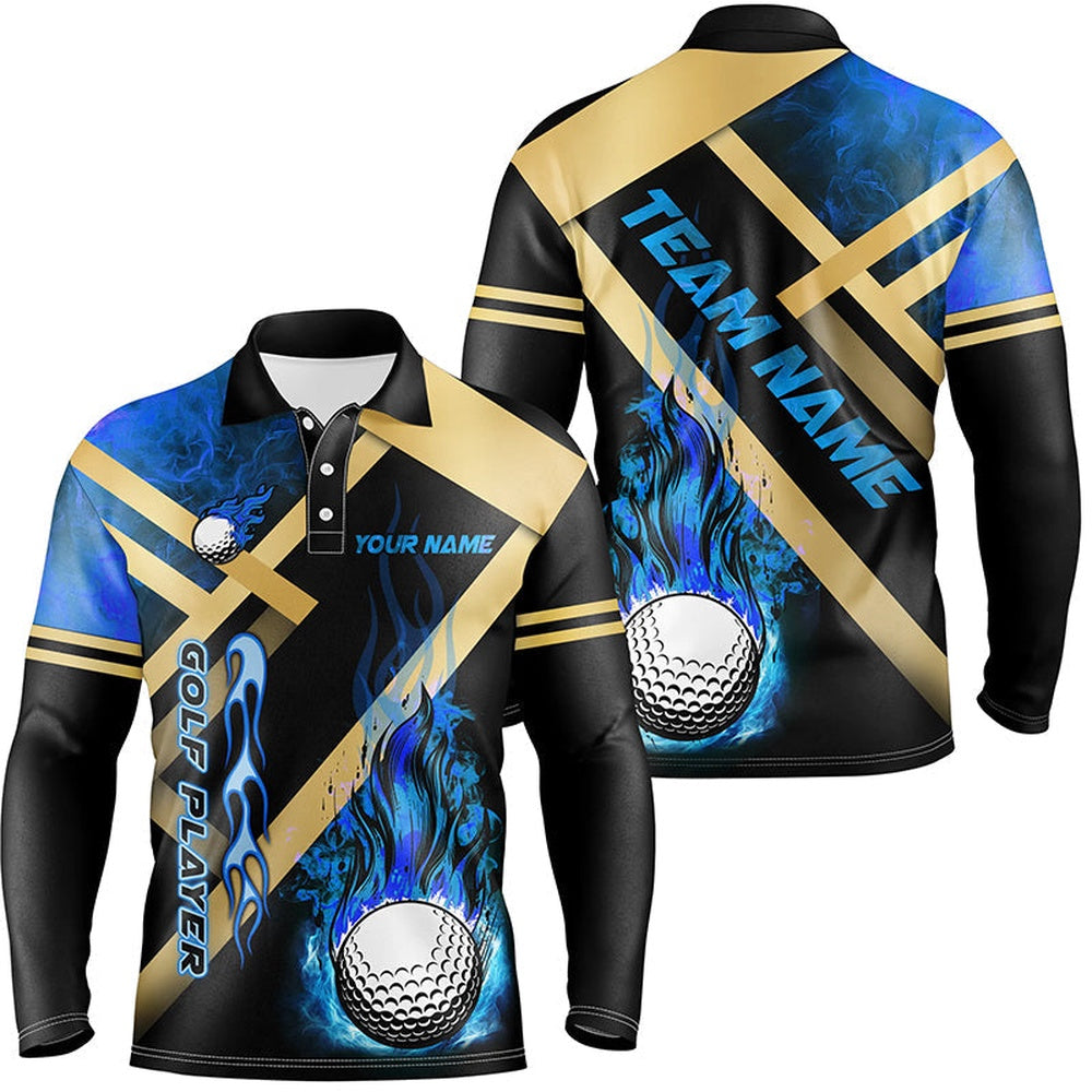 Golf Polo shirts, Mens Golf Polo Shirts Custom Blue Flame Golf Ball Fire Golf Apparel For Men