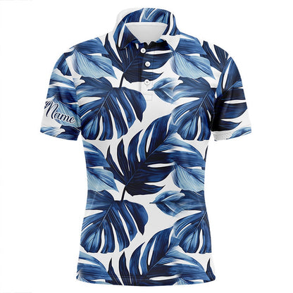Golf Polo shirts, Mens Golf Polo Shirts Custom Blue Monstera Leaf Pattern Golf Tops For Mens, Gifts For The Golfers