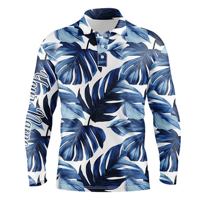Golf Polo shirts, Mens Golf Polo Shirts Custom Blue Monstera Leaf Pattern Golf Tops For Mens, Gifts For The Golfers