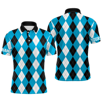 Golf Polo shirts, Mens Golf Polo Shirts Custom Cyan Blue Argyle Plaid Pattern Golf Attire For Men