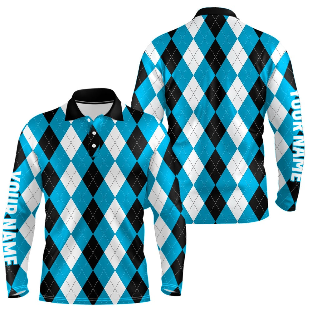 Golf Polo shirts, Mens Golf Polo Shirts Custom Cyan Blue Argyle Plaid Pattern Golf Attire For Men