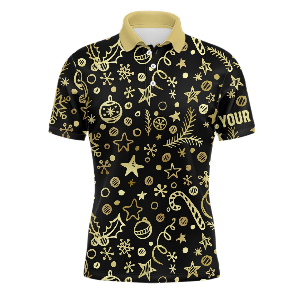 Golf Polo shirts, Mens Golf Polo Shirts Custom Golden Christmas Black Pattern Shirt For Ladies