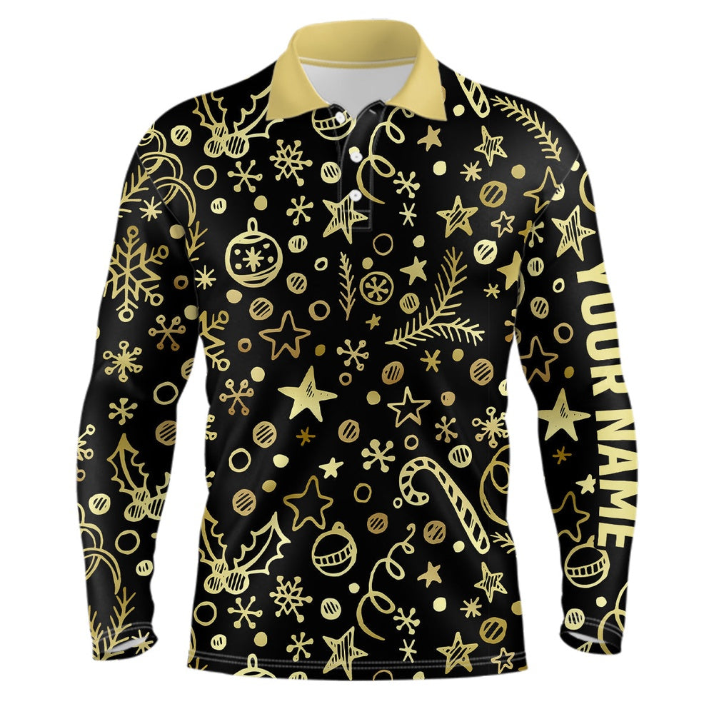 Golf Polo shirts, Mens Golf Polo Shirts Custom Golden Christmas Black Pattern Shirt For Ladies