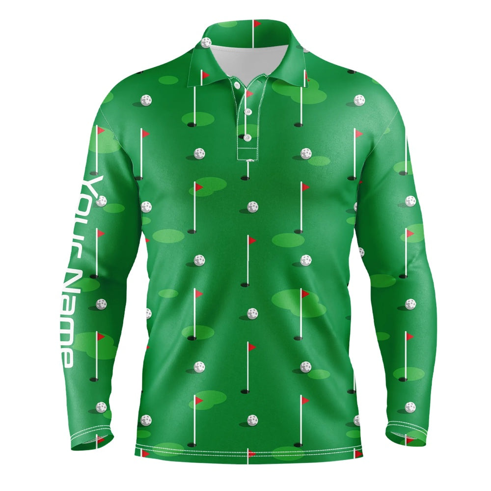 Golf Polo shirts, Mens Golf Polo Shirts Custom Golf Flag And Balls Green Golf Course Pattern Golf Polo Shirts For Men