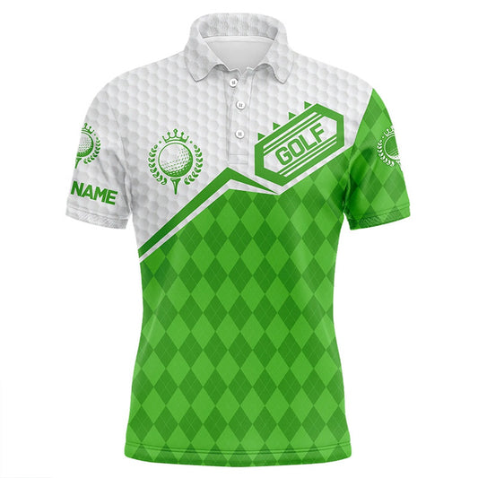 Golf Polo shirts, Mens Golf Polo Shirts Custom Green Argyle Pattern White Golf Ball Team Golf Attire For Mens