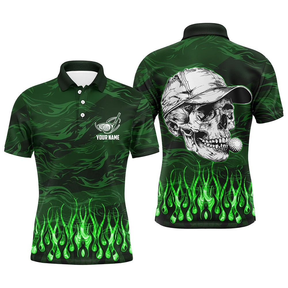 Golf Polo shirts, Mens Golf Polo Shirts Custom Green Camo Flame Golf Skull Team Golf Attire For Mens