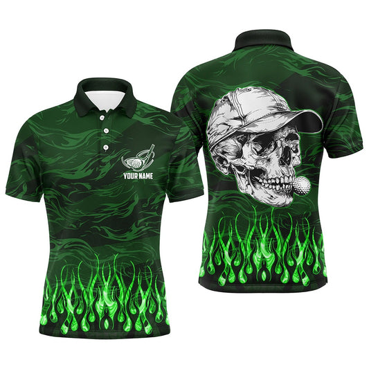 Golf Polo shirts, Mens Golf Polo Shirts Custom Green Camo Flame Golf Skull Team Golf Attire For Mens