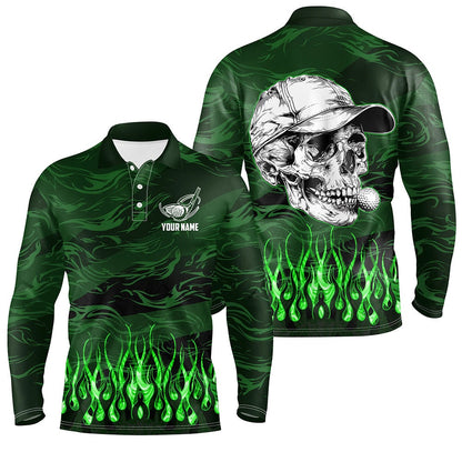 Golf Polo shirts, Mens Golf Polo Shirts Custom Green Camo Flame Golf Skull Team Golf Attire For Mens