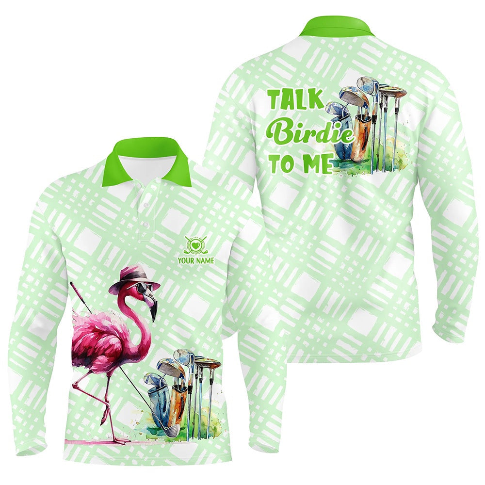 Golf Polo shirts, Mens Golf Polo Shirts Custom Green Flamingo Pattern Golf Shirts Talk Birdie To Me