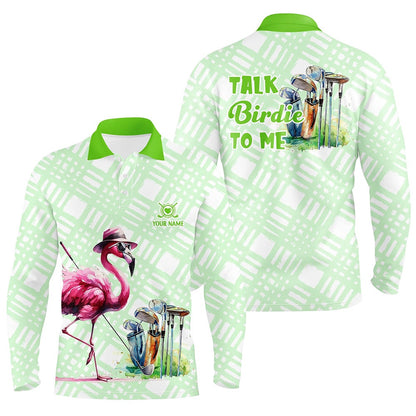 Golf Polo shirts, Mens Golf Polo Shirts Custom Green Flamingo Pattern Golf Shirts Talk Birdie To Me