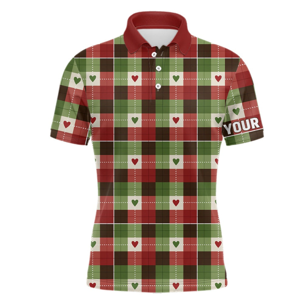 Golf Polo shirts, Mens Golf Polo Shirts Custom Green & Red Flat Christmas Plaid Pattern Shirts For Mens, Golfer Gifts