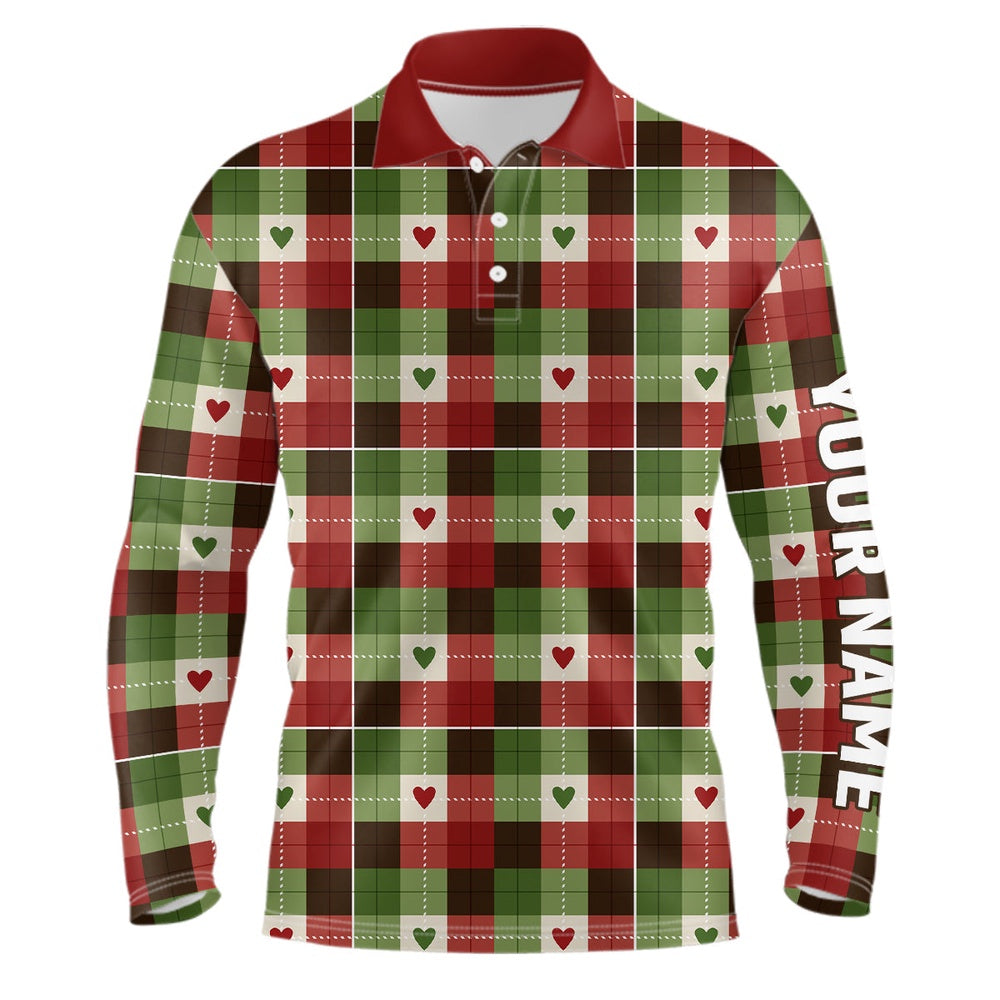 Golf Polo shirts, Mens Golf Polo Shirts Custom Green & Red Flat Christmas Plaid Pattern Shirts For Mens, Golfer Gifts