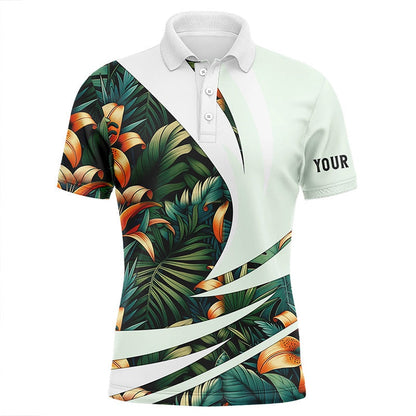 Golf Polo shirts, Mens Golf Polo Shirts Custom Green Tropical Flower Pattern, Best Mens Golf Wear