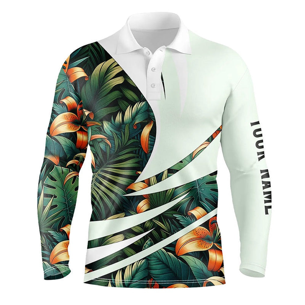 Golf Polo shirts, Mens Golf Polo Shirts Custom Green Tropical Flower Pattern, Best Mens Golf Wear
