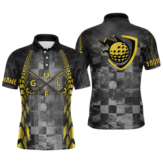 Golf Polo shirts, Mens Golf Polo Shirts Custom Name Black Racing Yellow Pattern Golf Clubs Golf Outfit Men