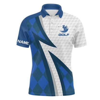 Golf Polo shirts, Mens Golf Polo Shirts Custom Name Blue Argyle Pattern White Golf Ball Skin Mens Golf Wears