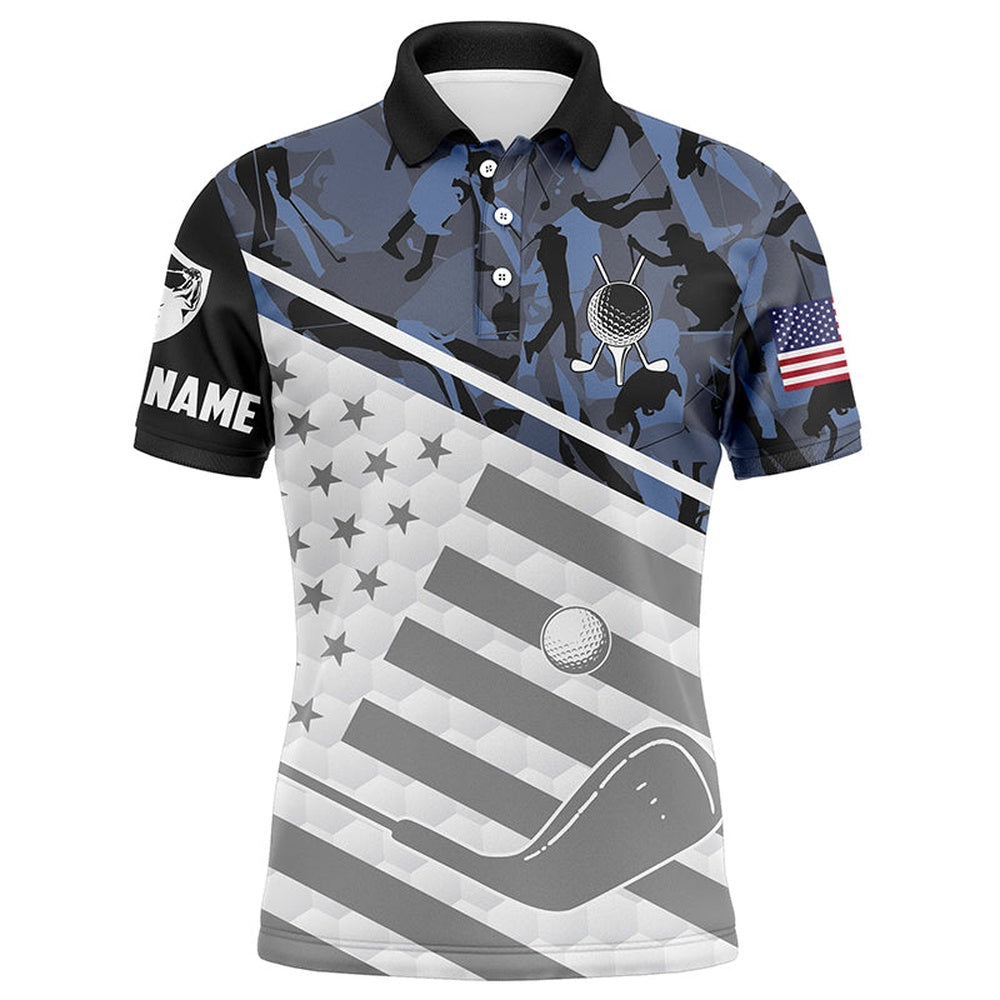 Golf Polo shirts, Mens Golf Polo Shirts Custom Name Blue Camo American Flag Patriotic Golf Apparel For Men