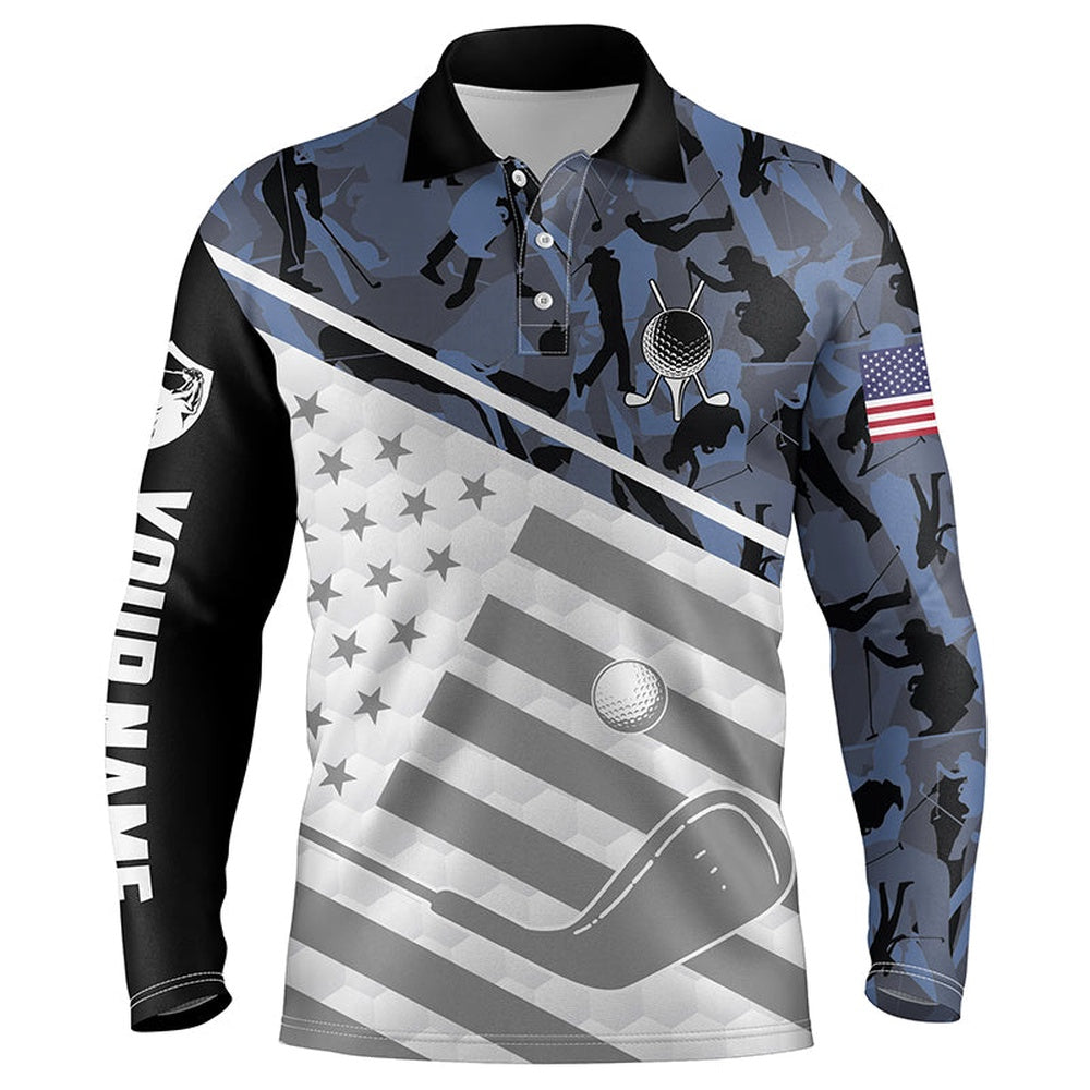Golf Polo shirts, Mens Golf Polo Shirts Custom Name Blue Camo American Flag Patriotic Golf Apparel For Men