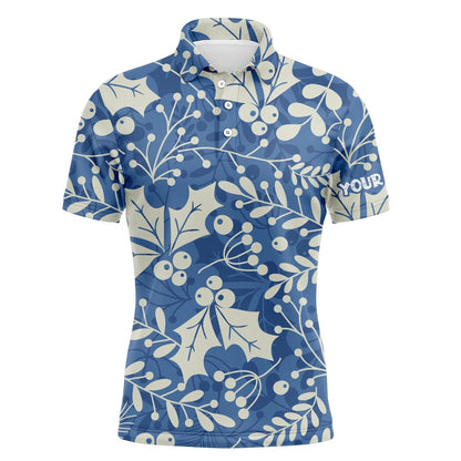 Golf Polo shirts, Mens Golf Polo Shirts Custom Name Christmas Holly Leaves And Berries Pattern, Christmas Golf Gift