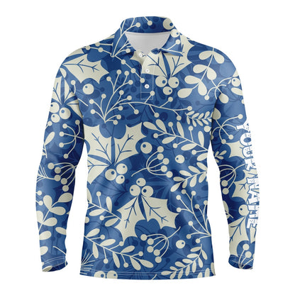 Golf Polo shirts, Mens Golf Polo Shirts Custom Name Christmas Holly Leaves And Berries Pattern, Christmas Golf Gift