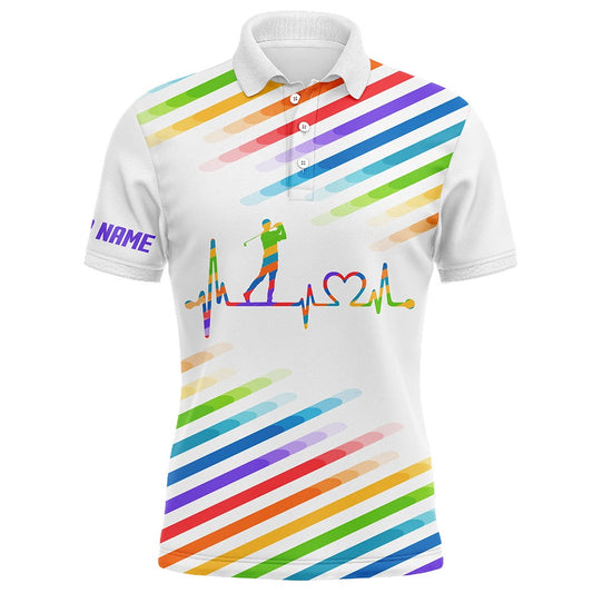 Golf Polo shirts, Mens Golf Polo Shirts Custom Name Colorful Rainbow Golf Heartbeat Tournament Golf Tops For Mens