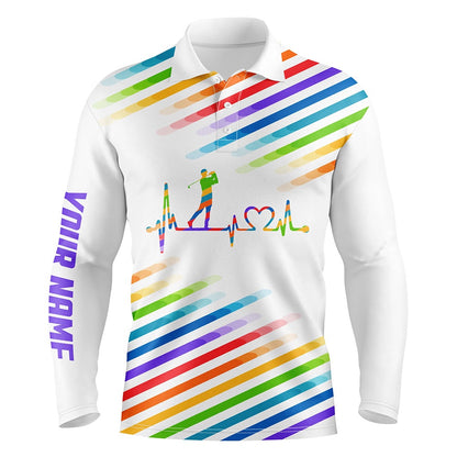 Golf Polo shirts, Mens Golf Polo Shirts Custom Name Colorful Rainbow Golf Heartbeat Tournament Golf Tops For Mens