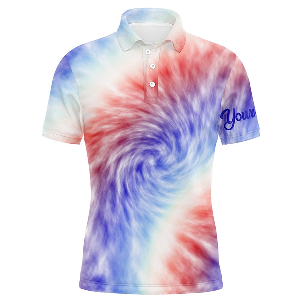 Golf Polo shirts, Mens Golf Polo Shirts Custom Name Colorful Red White And Blue Tie Dye Pattern Team Golf Wear For Mens