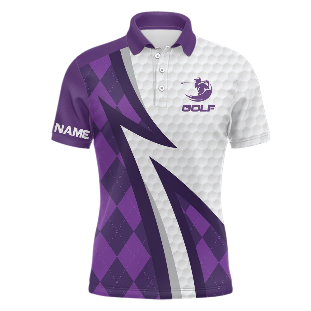 Golf Polo shirts, Mens Golf Polo Shirts Custom Name Purple Argyle Pattern White Golf Ball Skin Mens Golf Wears