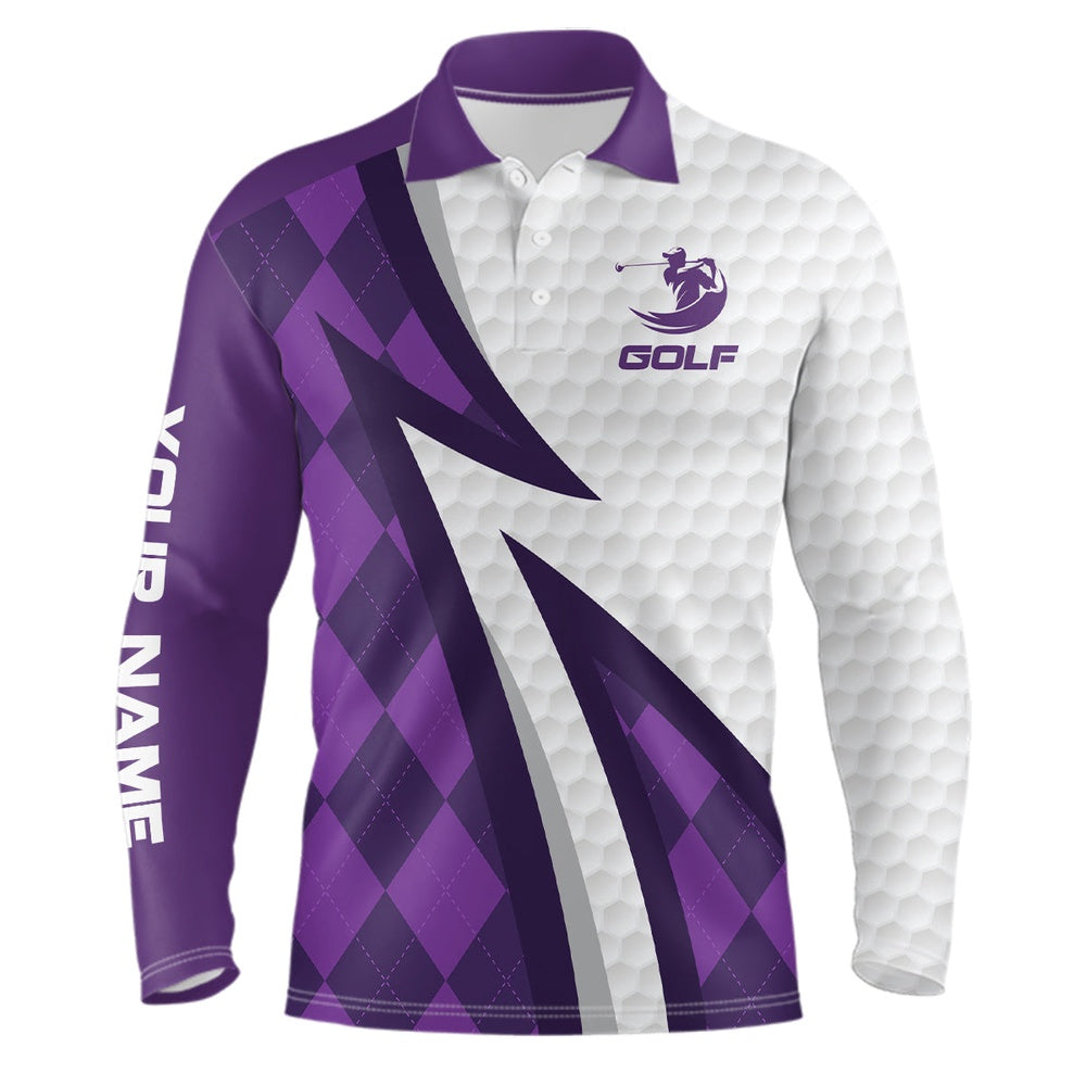 Golf Polo shirts, Mens Golf Polo Shirts Custom Name Purple Argyle Pattern White Golf Ball Skin Mens Golf Wears