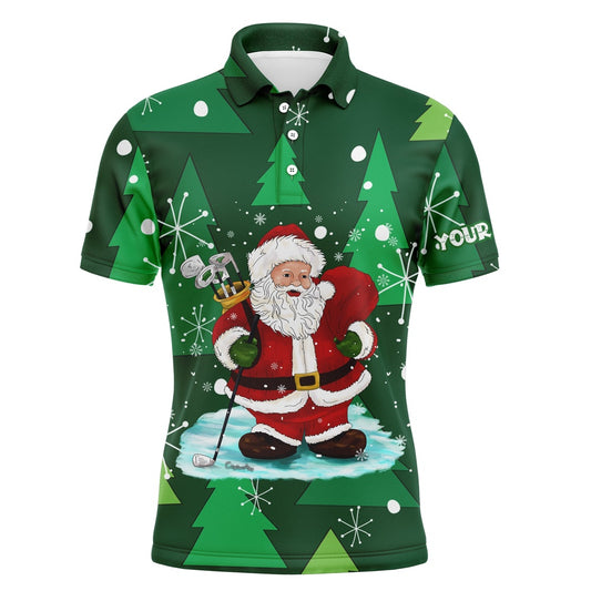 Golf Polo shirts, Mens Golf Polo Shirts Custom Name Santa Golf Christmas Tree Winter Forest Pattern, Christmas Golf Gift