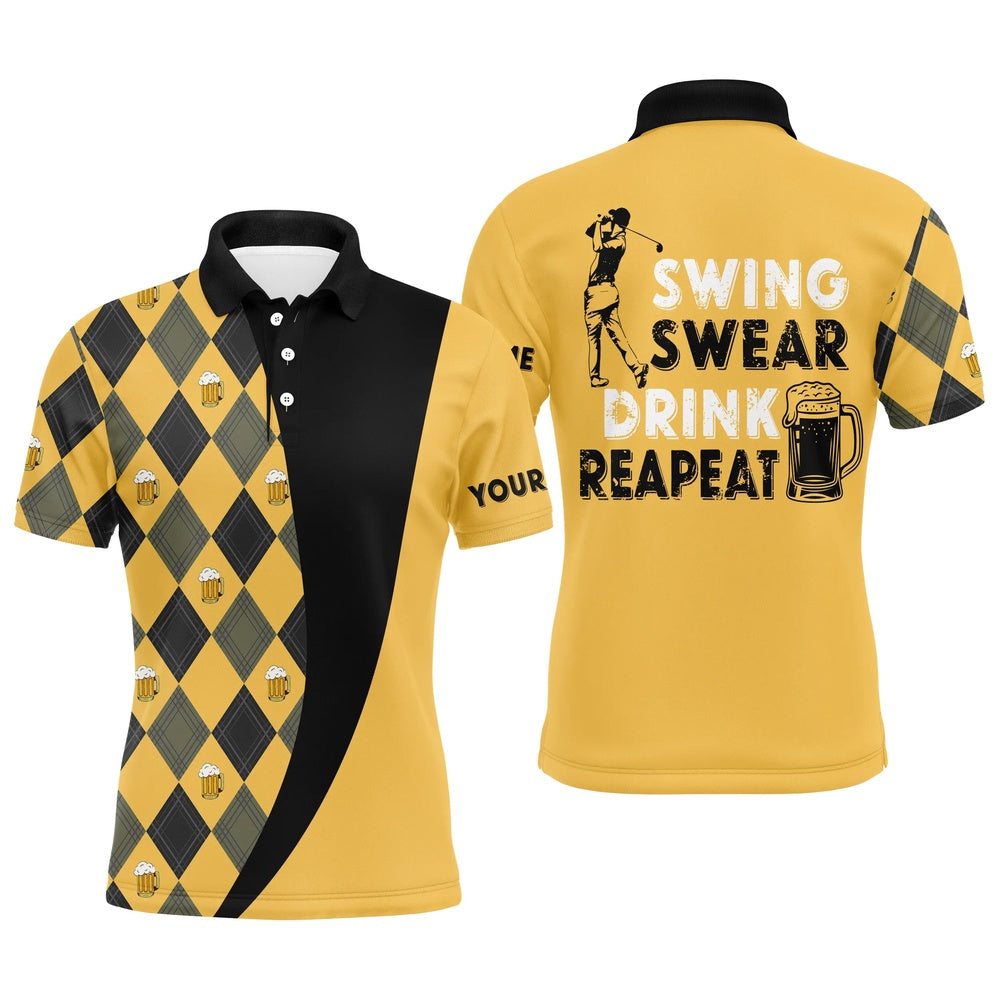 Golf Polo shirts, Mens Golf Polo Shirts Custom Name Swing Swear Drink Repeat, Personalized Beer Golf Shirt For Men