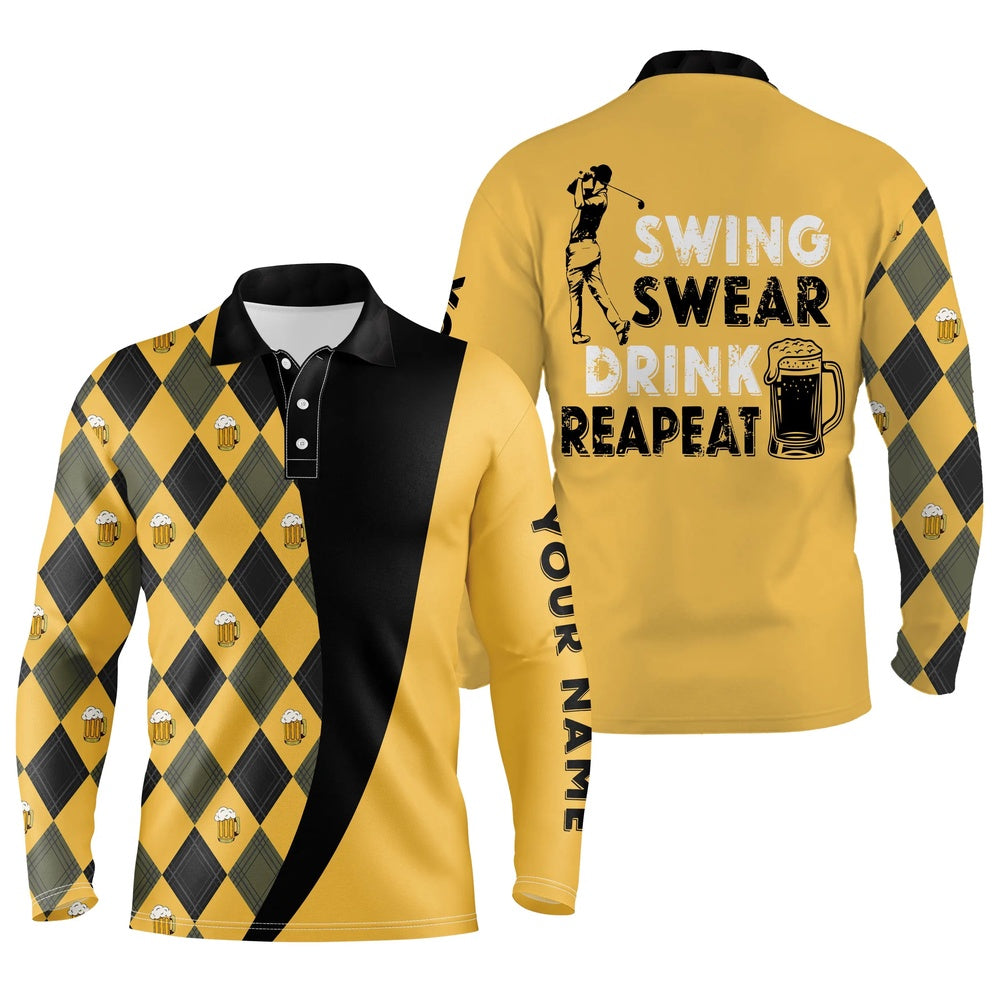 Golf Polo shirts, Mens Golf Polo Shirts Custom Name Swing Swear Drink Repeat, Personalized Beer Golf Shirt For Men