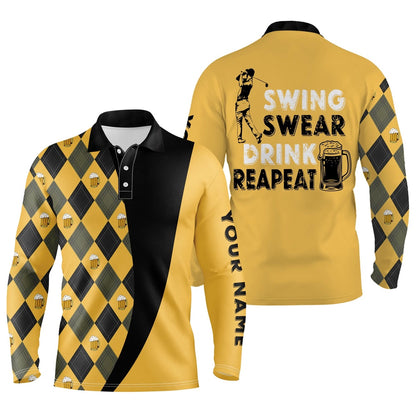 Golf Polo shirts, Mens Golf Polo Shirts Custom Name Swing Swear Drink Repeat, Personalized Beer Golf Shirt For Men