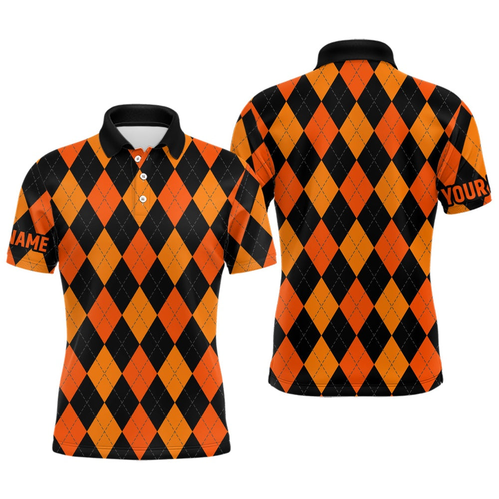 Golf Polo shirts, Mens Golf Polo Shirts Custom Orange And Black Argyle Plaid Halloween Pattern Golf Attire For Men