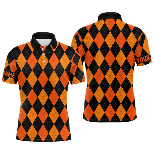 Golf Polo shirts, Mens Golf Polo Shirts Custom Orange And Black Argyle Plaid Halloween Pattern Golf Attire For Men