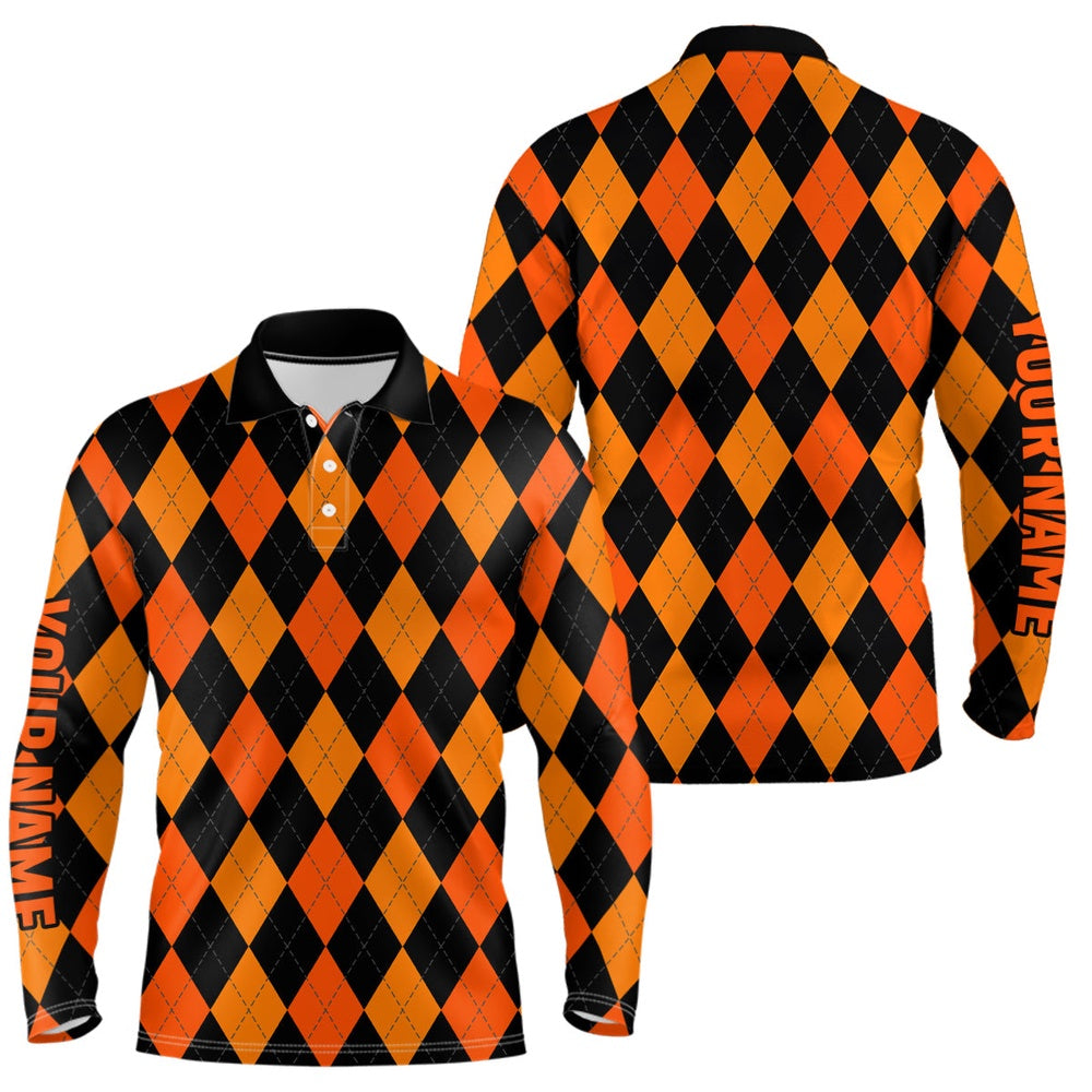 Golf Polo shirts, Mens Golf Polo Shirts Custom Orange And Black Argyle Plaid Halloween Pattern Golf Attire For Men