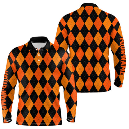 Golf Polo shirts, Mens Golf Polo Shirts Custom Orange And Black Argyle Plaid Halloween Pattern Golf Attire For Men