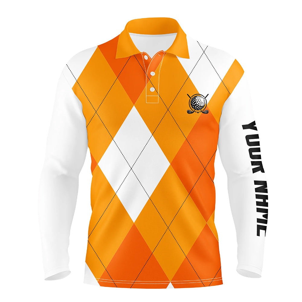 Golf Polo shirts, Mens Golf Polo Shirts Custom Orange And White Golf Argyle Plaid Pattern