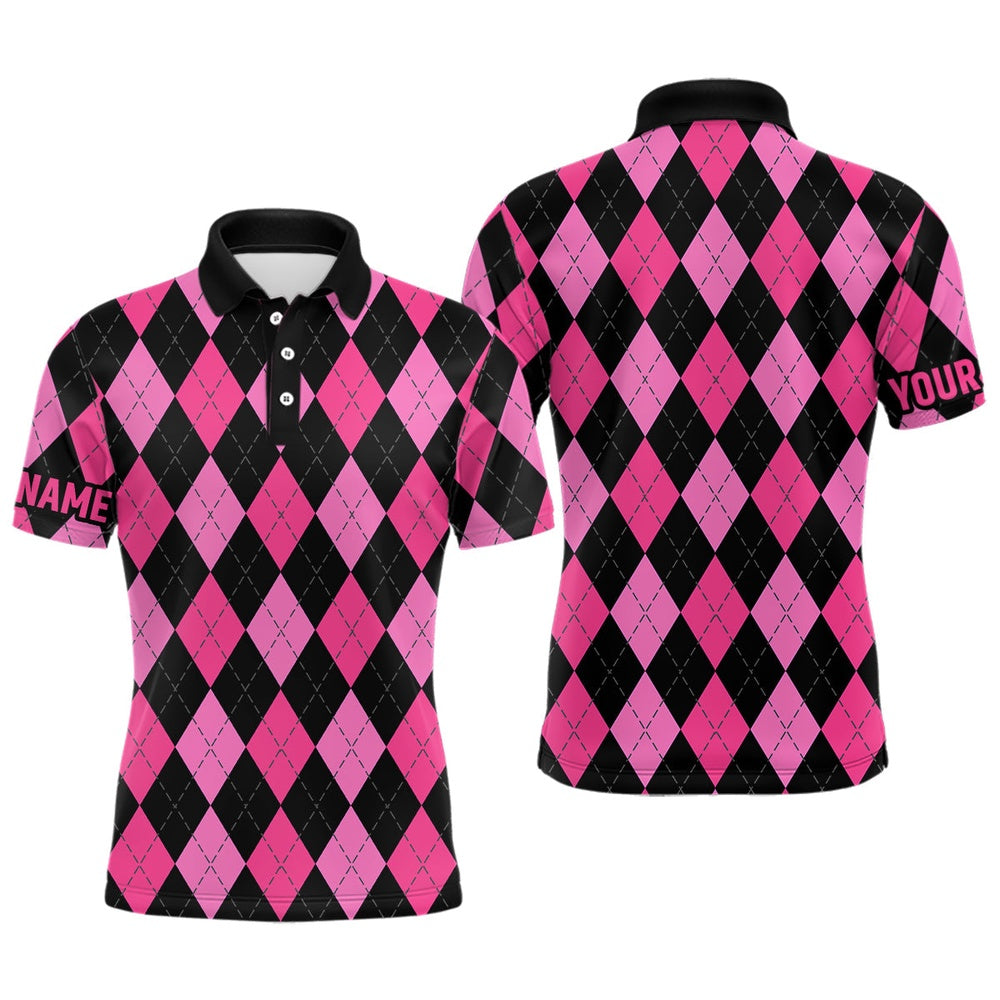 Golf Polo shirts, Mens Golf Polo Shirts Custom Pink And Black Argyle Plaid Pattern Golf Attire For Men
