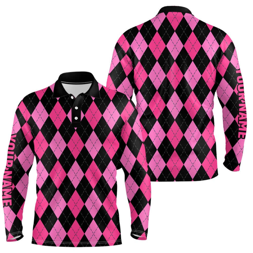 Golf Polo shirts, Mens Golf Polo Shirts Custom Pink And Black Argyle Plaid Pattern Golf Attire For Men