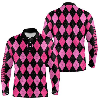 Golf Polo shirts, Mens Golf Polo Shirts Custom Pink And Black Argyle Plaid Pattern Golf Attire For Men