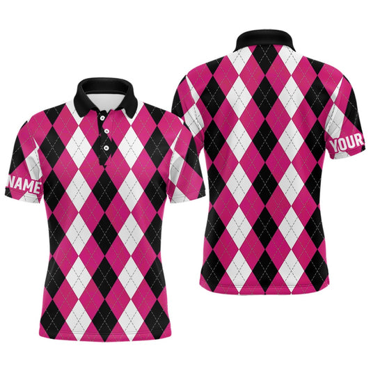 Golf Polo shirts, Mens Golf Polo Shirts Custom Pink Argyle Plaid Pattern Golf Attire For Men
