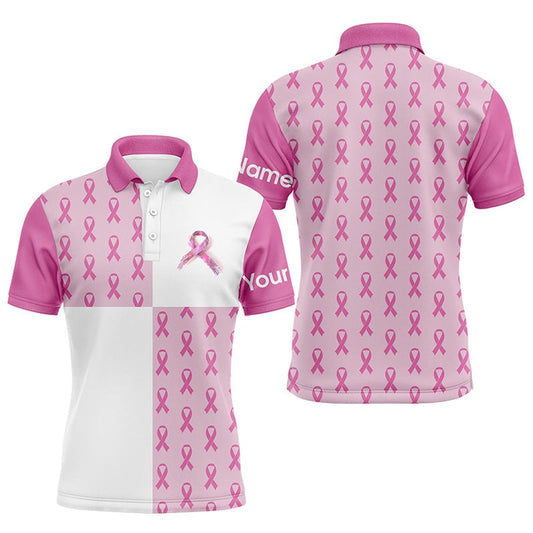 Golf Polo shirts, Mens Golf Polo Shirts Custom Pink Breast Cancer Pink Ribbon Pattern Golf Shirts For Men