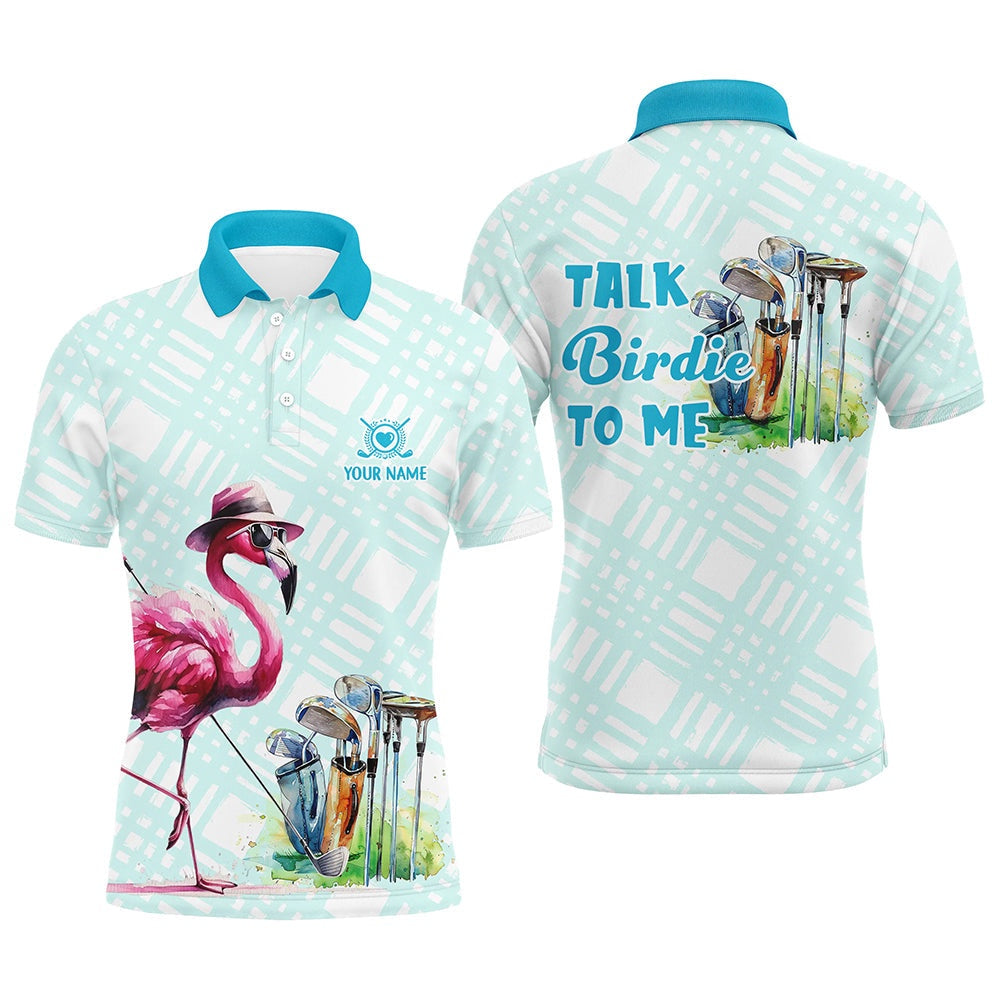 Golf Polo shirts, Mens Golf Polo Shirts Custom Pink Flamingo Blue Pattern Golf Shirts Talk Birdie To Me