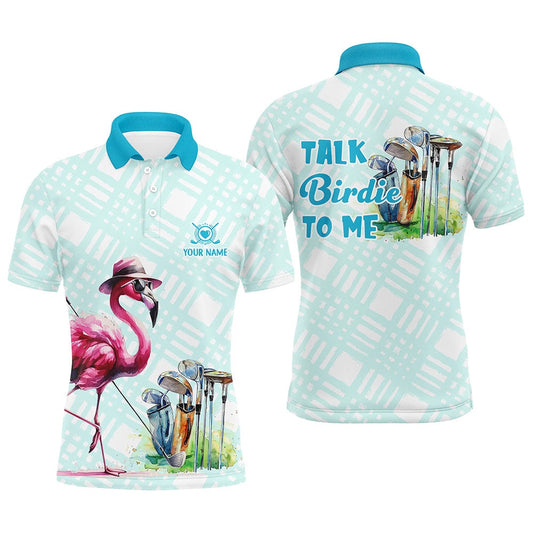 Golf Polo shirts, Mens Golf Polo Shirts Custom Pink Flamingo Blue Pattern Golf Shirts Talk Birdie To Me