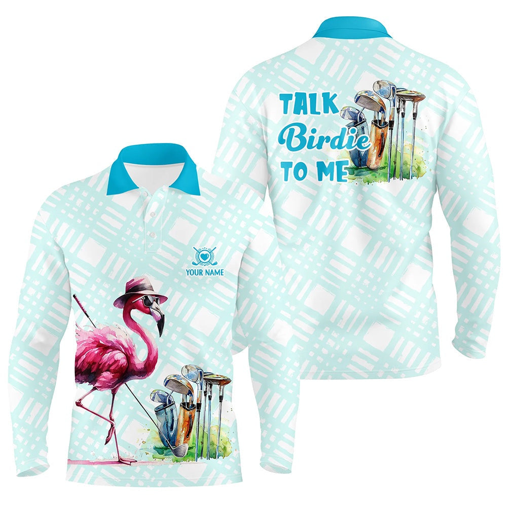 Golf Polo shirts, Mens Golf Polo Shirts Custom Pink Flamingo Blue Pattern Golf Shirts Talk Birdie To Me